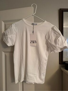Zara White Puff Sleeve T-Shirt
